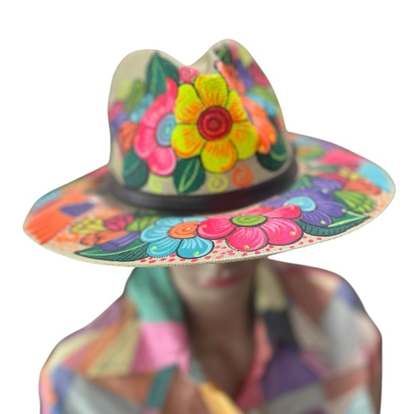 Hand Painted Floral Boho Wide Brim Hat | Colorful Artisan Festival Hat - Picture 5 of 7